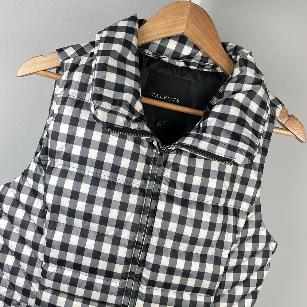 Talbots Down Filled Puffer Vest Jacket Womens M Black White Gingham Plaid